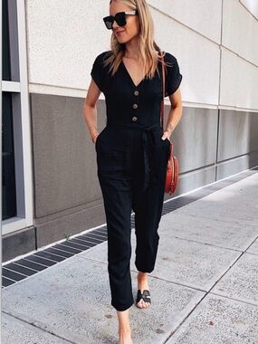 Abercrombie & Fitch Black Button-Front Jumpsuit with Waist Tie